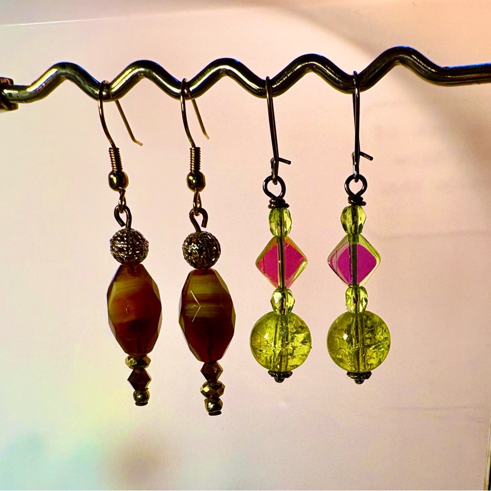 Earrings Bundle Pierced Handcrafted Unique Brown & Gold Beads +Lime Green & Pink